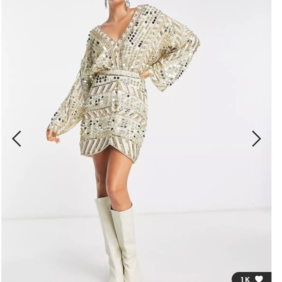 ASOS Dresses & Skirts - ASOS DESIGN Embellished Patchwork Mini Dress with Waist Detail in Gold